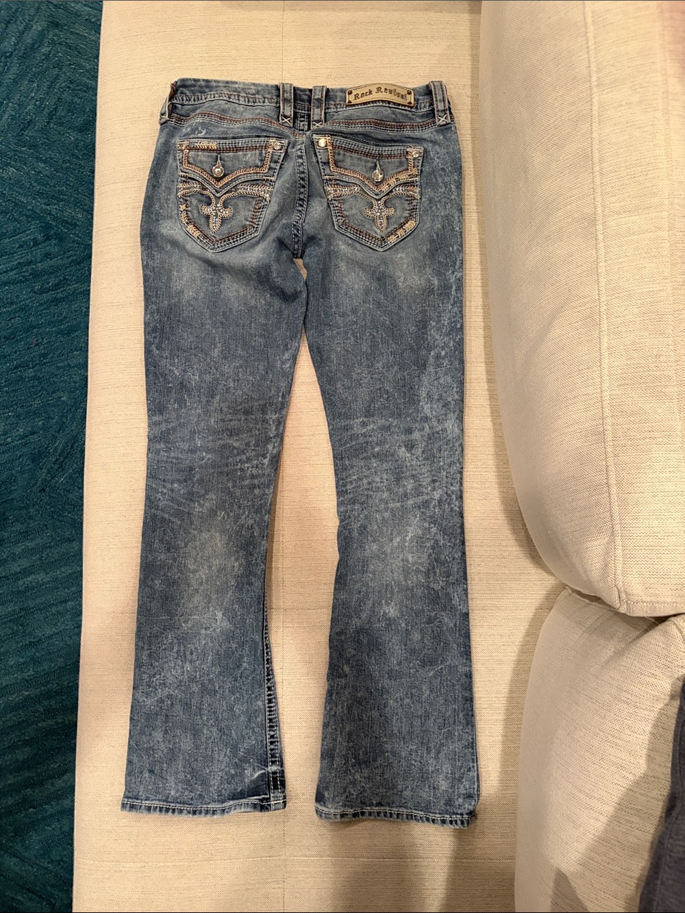 Rock Revival “LUZ” Distressed Boot Cut Light Blue Flare Jeans - Picture 6 of 7
